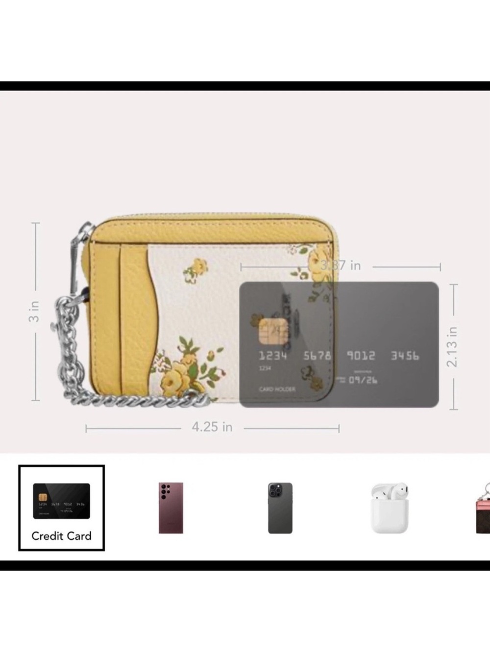 NWT 🌼 Coach Yellow & Chalk White Floral Zip Card Case with Chain 🌼 - Picture 3 of 6